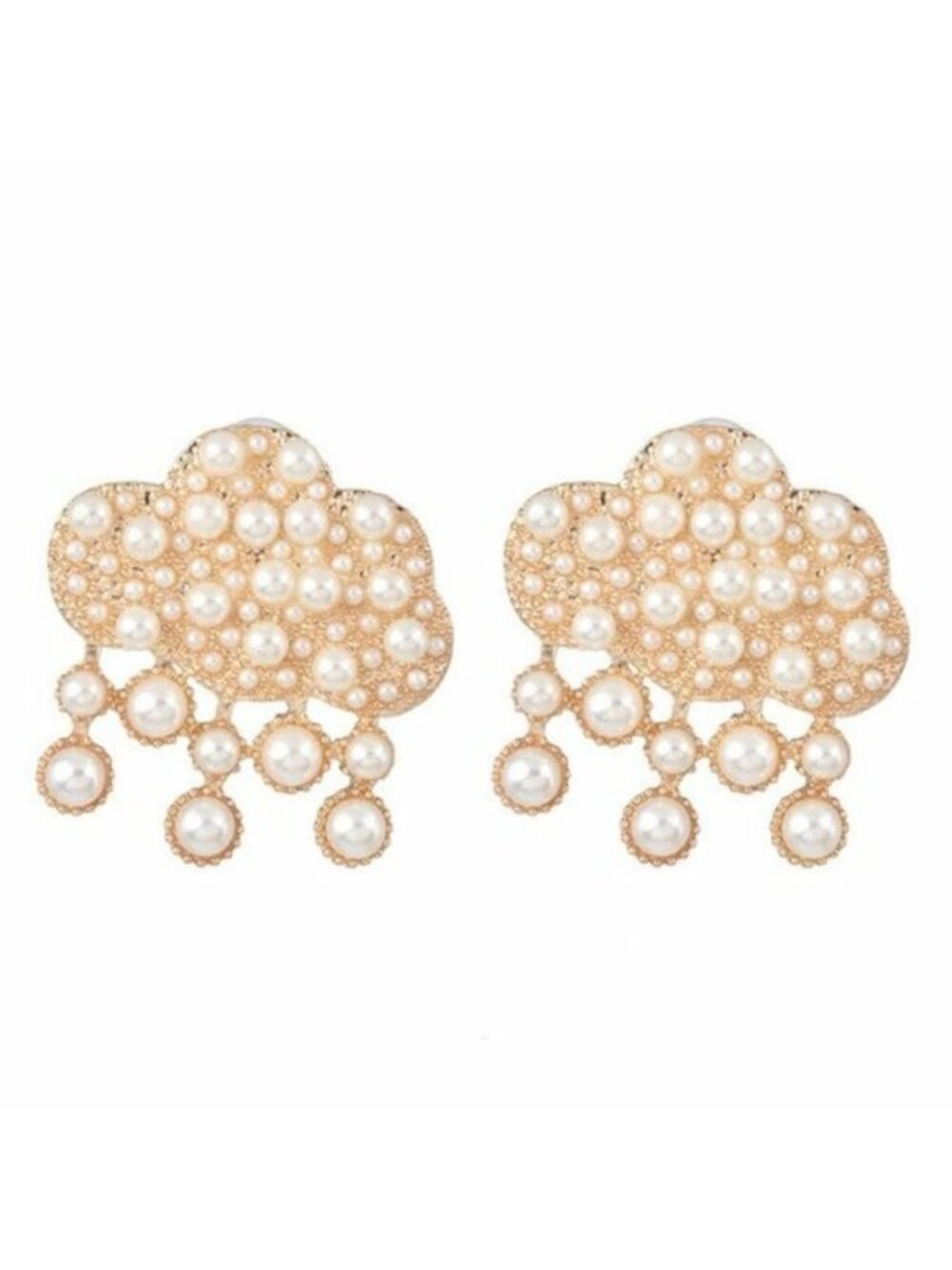 Pearl Raining Cloud Yellow Gold Round Large Dangle Drop Earrings